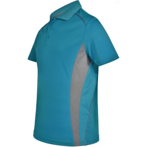 A teal and grey men's polo shirt featuring a logo, with contrast mesh detailing on the sides.