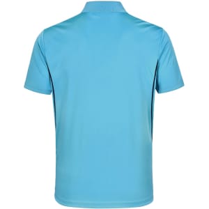 A blue polyester polo shirt featuring short sleeves and a sleek design with contrast detailing and a logo.