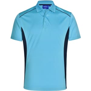 A light blue polo shirt with dark navy accents and a branded logo on the collar.