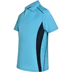 A light blue polo shirt featuring dark navy contrast panels and a logo on the chest.