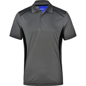 A grey men's polo shirt with contrast black panels and a logo on the chest. Short sleeves and a classic collar design.