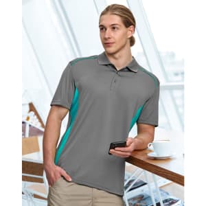 A grey polo shirt with teal contrast detailing, featuring a collar and short sleeves. It has a logo on the chest.