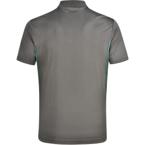 A men's short-sleeve polo shirt in grey with contrasting teal accents, featuring a collar and a logo.