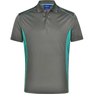 A short-sleeved polo shirt in grey with contrasting teal panels and a collar. Includes a branding logo.
