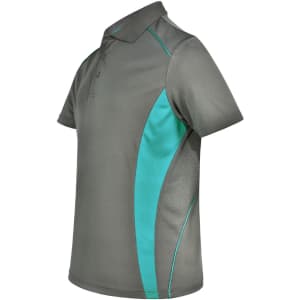 A grey polo shirt featuring teal contrast panels and a logo. Made from Cooldry fabric with short sleeves.