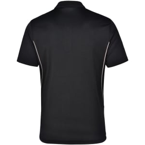 A black polo shirt with contrast detailing and a logo on the neckline. The back view shows a smooth, sleek fabric.