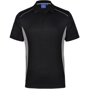 A black and grey Men's Cooldry S/S Contrast Interlock Polo with a collar and a logo.