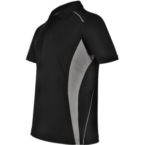 A black polo shirt with grey contrast panels and a logo. Features a classic collar and short sleeves.