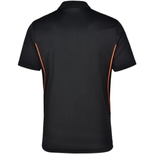 A black polo shirt featuring contrasting orange piping along the sides and a logo on the back.