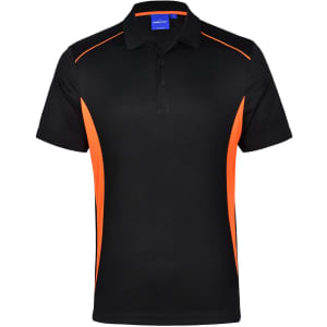 A black polo shirt with orange contrast detailing and a logo on the chest. Short sleeves and a collar are visible.