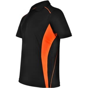 A black polo shirt with orange contrast detailing and a logo. Suitable for casual wear or sports activities.