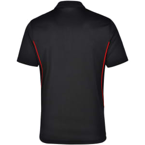 A black polo shirt with red contrast detailing and a logo on the back.