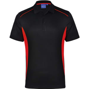 A black polo shirt with red contrast detailing, featuring a collar and three buttons. It has a branding logo.