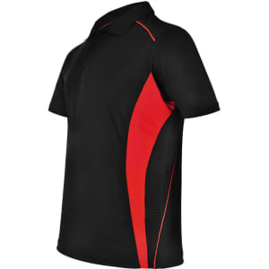 A black polo shirt with red contrast detailing and a logo on the chest. Made from Cooldry material.