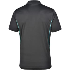 A black men's polo shirt featuring contrast detailing in a turquoise shade, with a logo on the back.