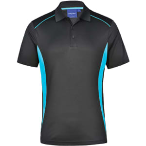 A black polo shirt with turquoise contrast panels and a logo on the chest. Short sleeves and a classic collar design.