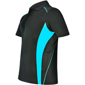 A black polo shirt with aqua contrast panels and a logo on the chest. Suitable for casual or active wear.