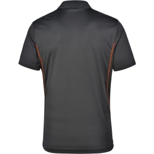 A men's short sleeve polo shirt in charcoal grey with orange contrast detailing. Features a logo on the back.