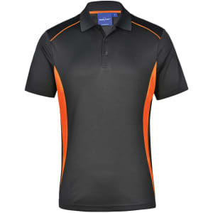 Men's short-sleeve polo shirt in black with orange contrast detailing and a logo on the chest.