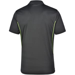 A black polo shirt with contrast green piping and a logo on the back. Suitable for casual or sport wear.