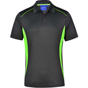 Men's short-sleeve polo shirt in black with vibrant green contrast panels and a logo on the chest.