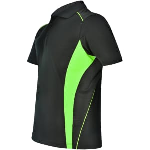 A black polo shirt with bright green contrast panels and a logo, featuring short sleeves and a collared neck.