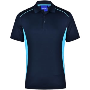 A navy blue polo shirt with contrasting light blue side panels and a collar. Features a logo.