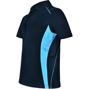 A navy polo shirt with light blue contrast detailing and a logo on the chest.