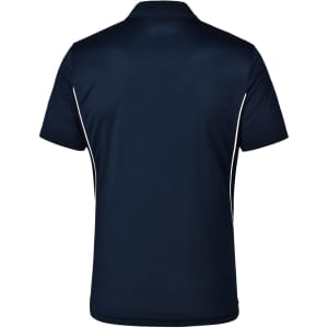 A navy blue polo shirt with contrast white piping and a logo on the back. Made from Cooldry material.