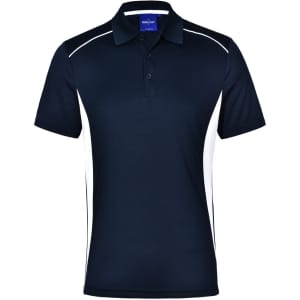 A navy blue polo shirt with white contrast panels and a collar, featuring a logo on the chest.