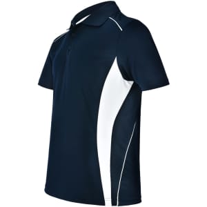 A navy polo shirt with white contrast panels and a logo. Features short sleeves and a classic collar.