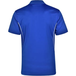 A blue Men's Cooldry S/S Contrast Interlock Polo shirt featuring white accents and a logo.