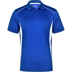 A blue polo shirt featuring white contrast panels and a collar. It has a logo on the front.