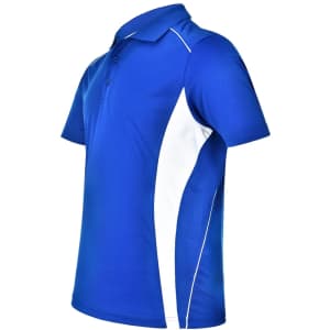 A blue polo shirt with white contrast panels, featuring a collar and three buttons. It includes a logo on the chest.