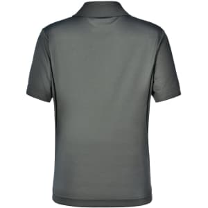 A grey kids' polo shirt featuring short sleeves and a collar, with a logo on the back.