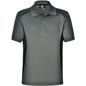 A grey kids' polo shirt with black contrast panels and a collar, featuring a logo on the upper area.