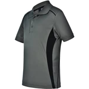 A grey kids' polo shirt with black contrast panels and a logo, featuring short sleeves and a classic collar.