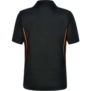 A black polo shirt with orange contrast piping and a logo on the chest. Suitable for kids.