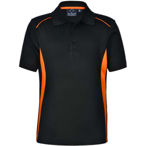 A black polo shirt with orange contrast panels, featuring a collar and button placket. It has a logo on the label.