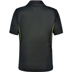 A black short-sleeve polo shirt featuring contrasting neon green side trims and a brand logo on the back.