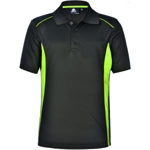 A black polo shirt with contrasting lime green side panels and a collar, featuring a logo.