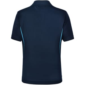 A navy blue kids' polo shirt featuring contrasting light blue accents and a logo.