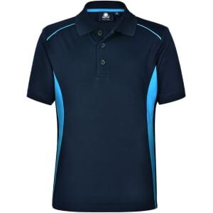 A navy polo shirt with light blue contrast panels and three buttons, featuring a logo on the chest.