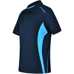 A navy blue polo shirt featuring light blue contrast panels and a branding logo. Short sleeves and a collar.
