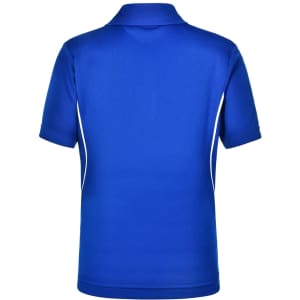 A blue Kids' Cooldry S/S Contrast Interlock Polo shirt featuring white piping and a logo on the back.