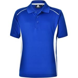 A blue polo shirt with white contrasting sides and a collar, featuring a button-up front and a logo.