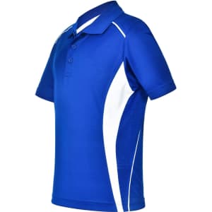 A blue kids' polo shirt with white contrast panels and a collar, featuring a logo on the front.