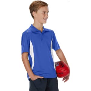 A boy wearing a blue polo shirt with white accents, holding a red football. The shirt features a logo.