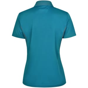 A teal ladies' polo shirt with short sleeves, featuring a contrasting trim and a logo.