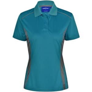 Ladies' polo shirt in teal with contrasting grey side panels and a collar. Features a logo on the chest.